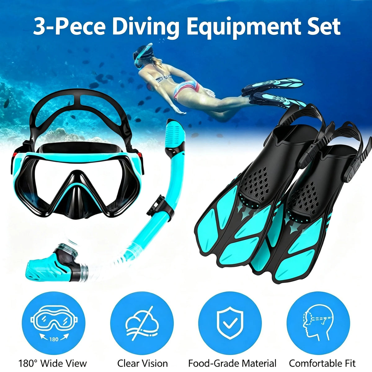 3-in-1 Snorkel Gear Set — Mask, Fins & Dry Snorkel